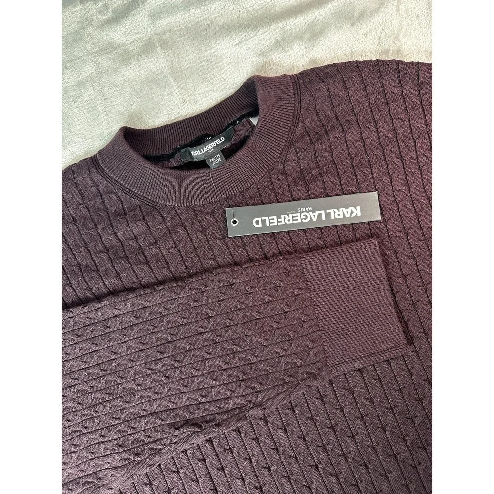 Karl Lagerfeld Paris Sweater Mens 2XL Wine‎ Burgundy Cable Knit Crewneck Ribbed